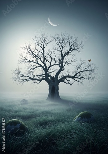 A state of quiescence: A giant, dormant bare tree in a misty, moonlit field with large, mossy rocks.

