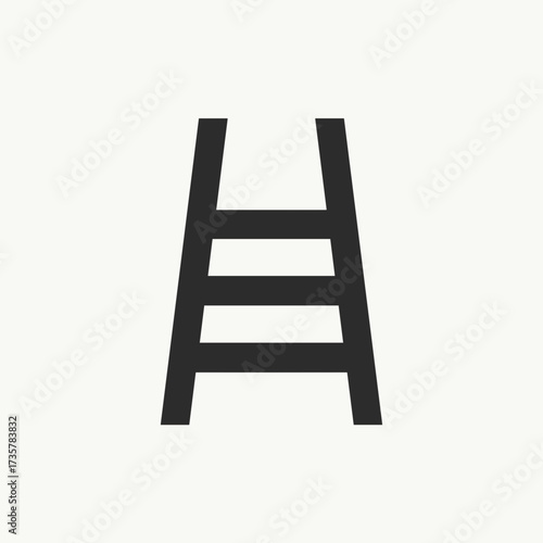 Black ladder icon against plain background, showing equipment for construction. Ladder for accessing heights offers simple mobility to reach ceilings and rooftops.