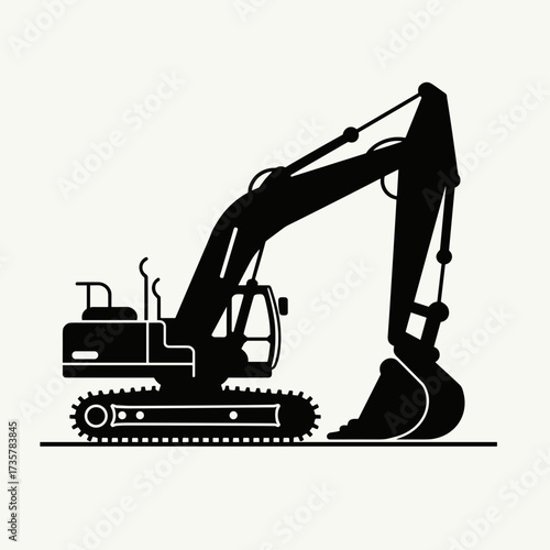 Excavator illustration shows heavy machinery, detailed construction equipment for earthmoving. Excavator displays hydraulic arm and bucket, essential for digging and material handling,