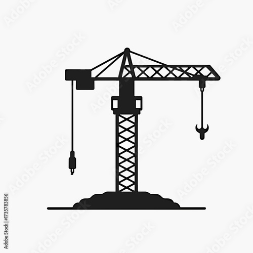 Black silhouette construction crane hoists heavy materials against white background. Construction crane conveys progress, heavy machinery, and engineering against clear, minimalistic setting.