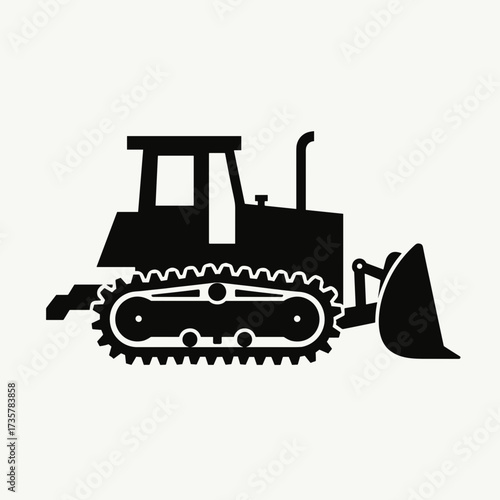 Silhouette of a bulldozer on white background showcasing construction work. Heavy equipment bulldozer with bucket and tracks depicts strength and industrial design,