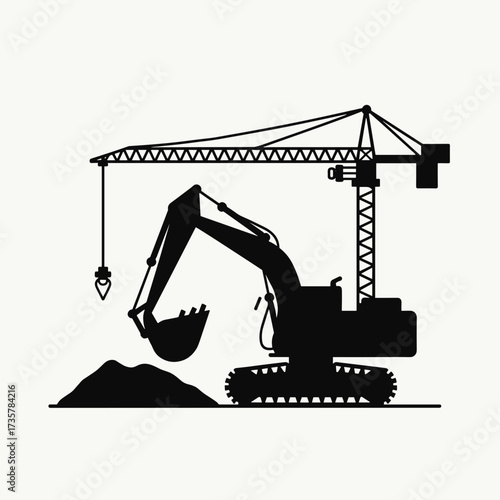 Silhouette of construction equipment, including crane and excavator on plain background. Construction equipment is ready for construction work site, excavation, digging, and heavy lifting.