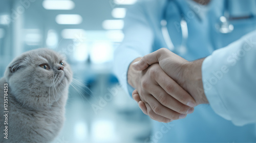 pet owner shaking hands with a veterinarian after successful treatment
