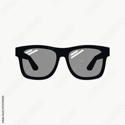 Simple sunglasses graphic centered on white background. Sunglasses with black frames and neutral gray lenses for sunny days. Sunglasses design evokes modern minimalism.