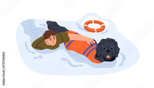 Work dog rescuing man swimming in water, saving life. Trained canine rescuer in safety vest assisting, helping during emergency at sea, drowning person. Annimal at service. Flat vector illustration.