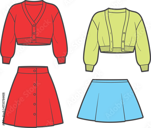 Vector fashion flat sketch of women’s cardigan and skirt set, colorful cropped sweater with button front and flared mini skirt