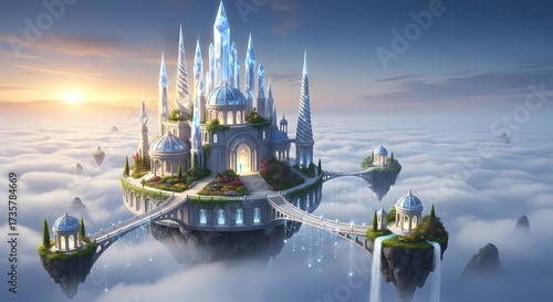 A premium fantasy illustration of a majestic floating palace in the sky, surrounded by glowing crystal towers and magical sunlight.