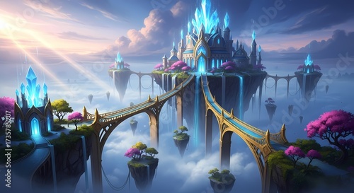 A premium fantasy illustration of a majestic floating palace in the sky, surrounded by glowing crystal towers and magical sunlight.