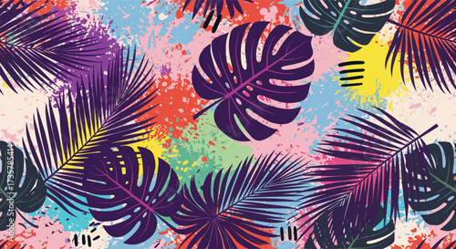 Vibrant tropical palm leaves scattered across a colorful abstract paint splatter background.