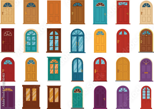 Vector illustration of colorful front doors, vintage and modern entrance designs, architectural home exteriors, classic entryways, decorative urban doors.