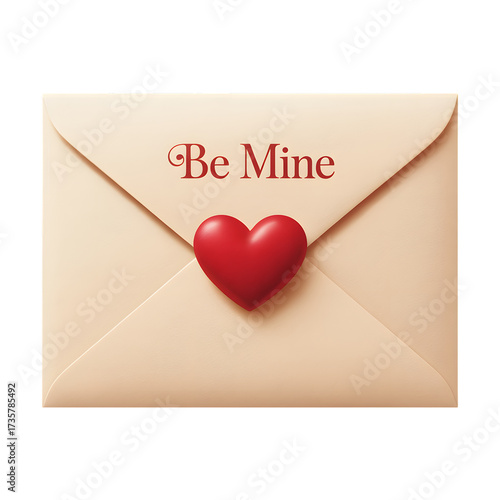 A romantic beige envelope with a red heart seal and the words be mine written in red text isolated on transparent background
