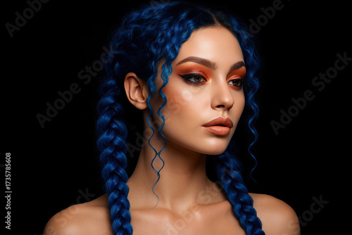 A beautiful latina woman with blue braided pigtails on a dark background, portrait in widescreen format