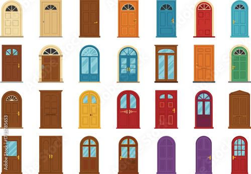 Vector illustration of colorful front doors, vintage and modern entrance designs, architectural home exteriors, classic entryways, decorative urban doors.