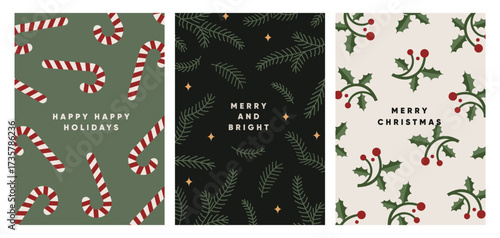 Merry Christmas and Happy New Year, winter holiday poster designs. Xmas greeting cards with festive typography, patterns, candy canes, fir branches, holly berries. Flat vector illustrations set.