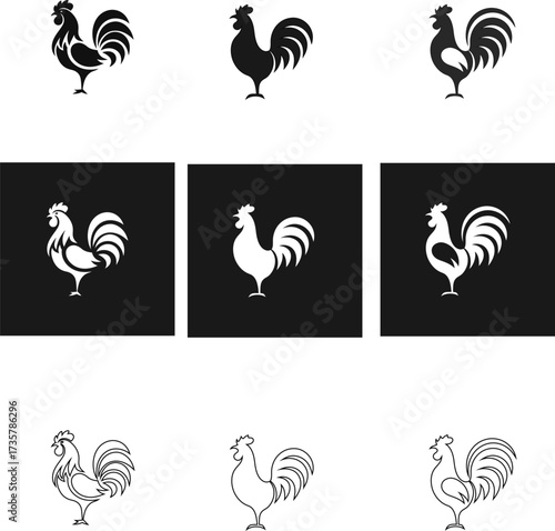 Cock, Rooster, Chicken logo vector icon collection in outline, flat, and silhouette versions, great for poultry farms and food brand design.