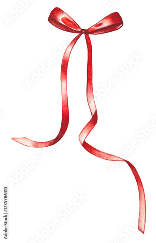 A thin red ribbon bow, hand drawn. Watercolor illustration.