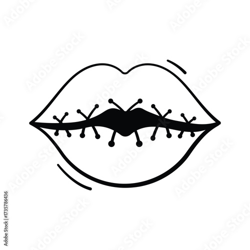 Spooky stitched lips icon symbolizing silence and horror Halloween