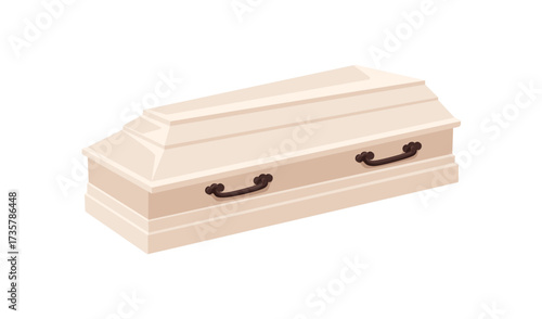 Coffin, burial funeral ritual casket, closed with lid. Wooden mourning box for death, dead. Funereal religious ceremony case for deceased entomb. Flat vector illustration isolated on white background.