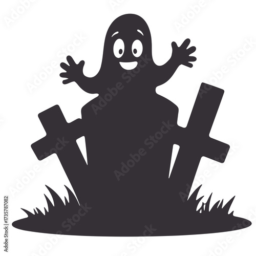 Silhouette of a cartoon ghost rising behind tombstones in a grassy graveyard halloween decoration