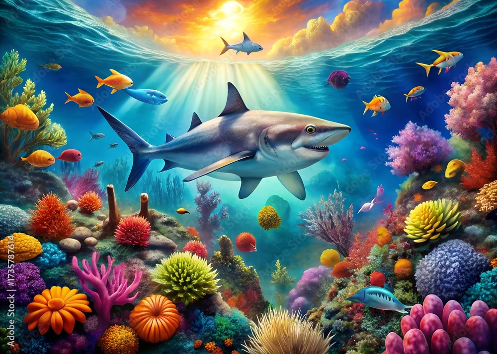Fototapeta premium Colorful coral reef ecosystem with a shark swimming above, illuminated by sunlight piercing the ocean surface