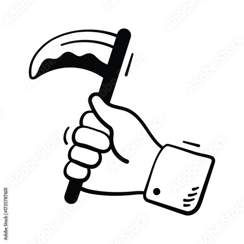 Spooky hand holding scythe illustration for horror Halloween design