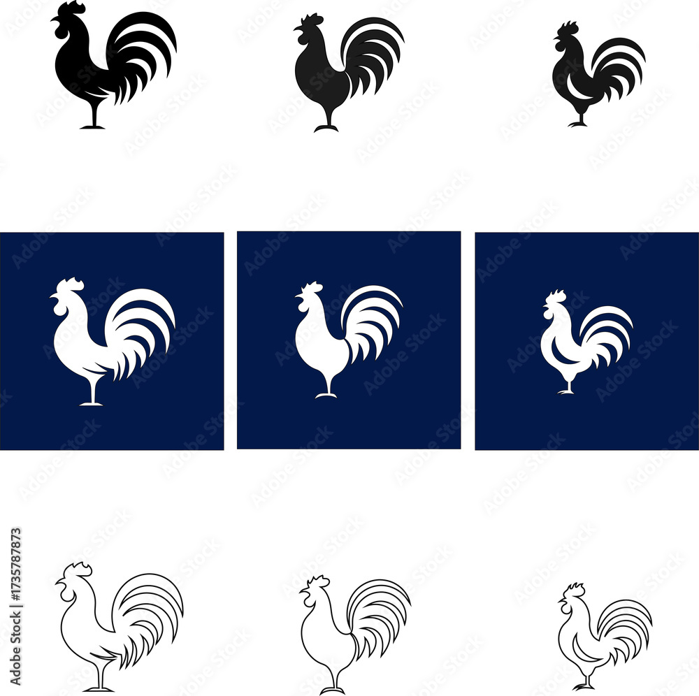 Obraz premium Rooster cock vector icon set in multiple styles like flat, silhouette, and outline, perfect for rustic farms and organic shops.