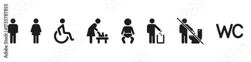 Restroom And Facility Sign Solid Icon Set. Universal Accessibility, Baby Changing And Waste Disposal Silhouette Symbol Collection. Public Convenience And Hygiene. Isolated Vector Illustration
