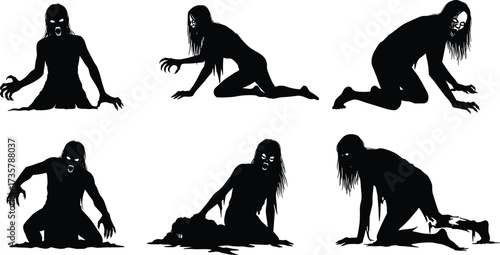 Terrifying crawling zombie silhouettes with long hair and glowing eyes, perfect for Halloween horror, undead monsters, scary haunted house and spooky designs.