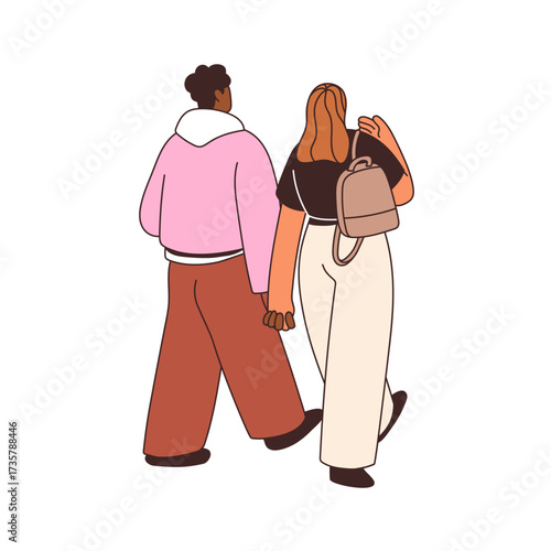 Love couple walking away, holding hands. Black man and woman strolling together outdoors, back rear view from behind. Romantic male and female. Flat vector illustration isolated on white background.