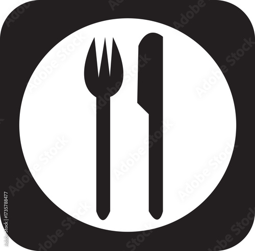 Fork and Knife Icon on Plate Graphic in Black and White | Minimalist Dining Illustration for Restaurant Menus, Food Apps, and Culinary Services