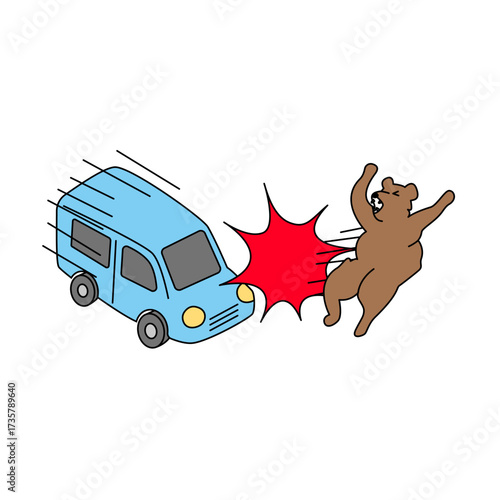 車に轢かれる熊（主線あり）のイラスト