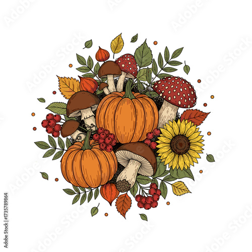 A vibrant autumnal arrangement featuring pumpkins mushrooms berries and a sunflower.