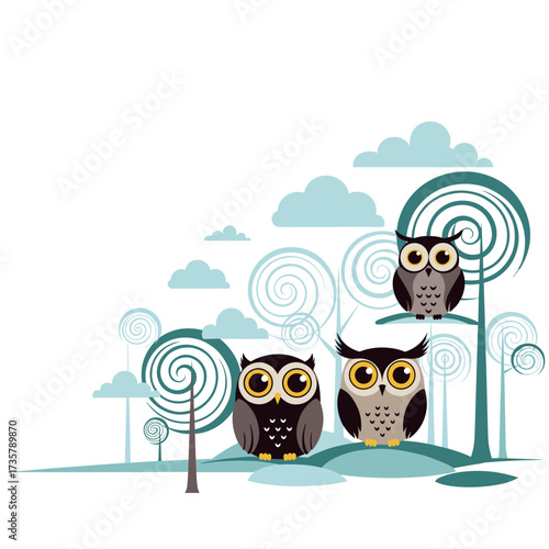 Whimsical forest scene with three charming owls perched on stylized trees under a cloudy sky.