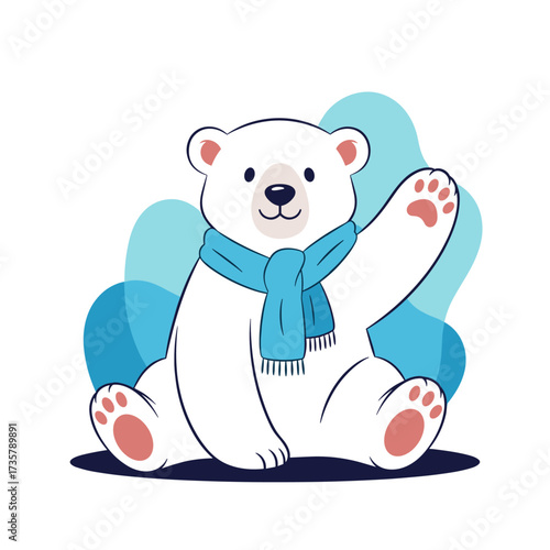A cute cartoon polar bear wearing a blue scarf waving hello in a fun, artistic style.
