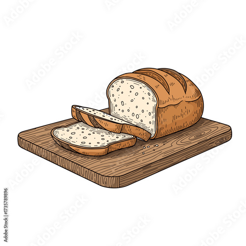 Freshly baked loaf of white bread with two slices on a wooden cutting board.