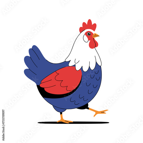 A charming illustrated chicken walking confidently across a white background.