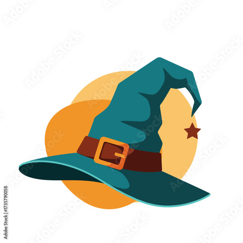 A stylized teal witch hat with an orange circular accent behind it and a small orange star on the right side.