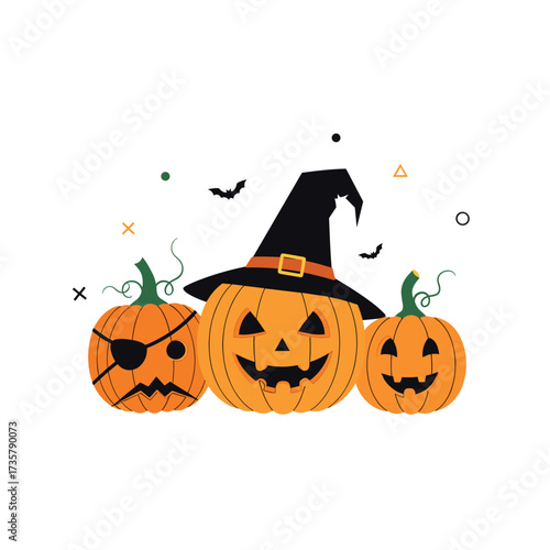 Three carved pumpkins with a witch hat and a pirate eye patch.