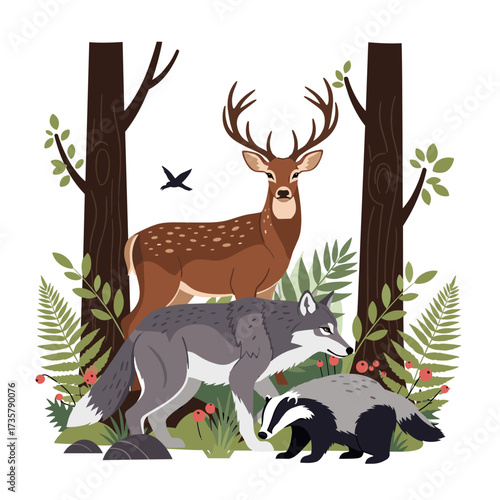 A harmonious woodland scene featuring a majestic deer a cunning wolf and a striped badger.