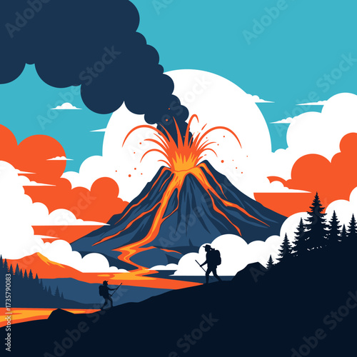 Hikers witness a powerful volcanic eruption amidst a stunning landscape with flowing lava and dramatic clouds.