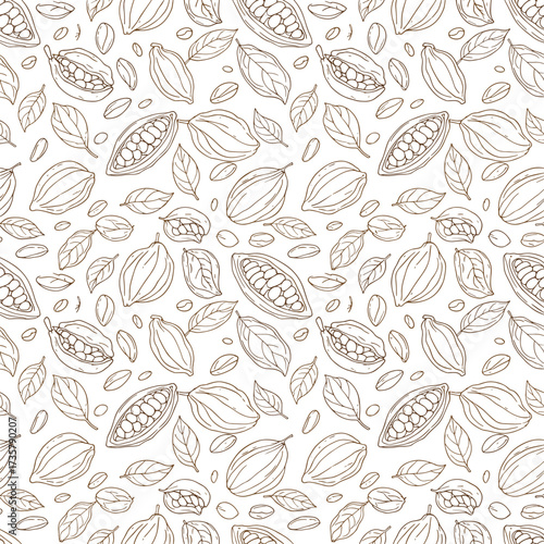 Seamless pattern of hand drawn cocoa beans and leaves in sepia tones.