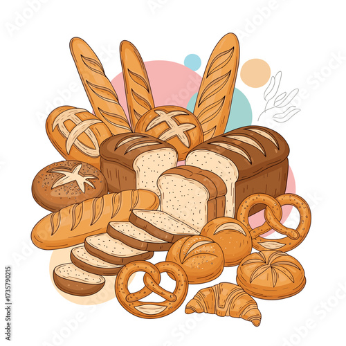 A delicious assortment of fresh baked goods including various breads pretzels and croissants.