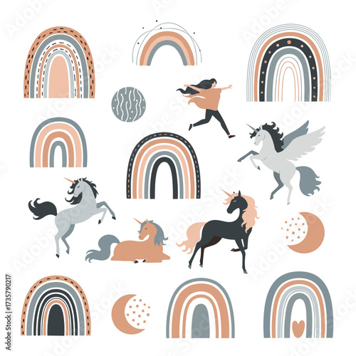 Whimsical unicorns and dreamy rainbows in soft earthy tones inspire wonder.