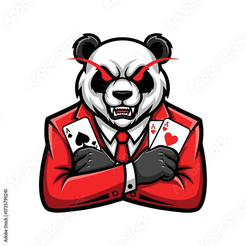 Intense panda bear mascot in a red suit holding playing cards, a bold and memorable character for gaming, esports, or branding that demands attention and conveys a competitive edge