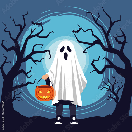 A spooky ghost costume with a pumpkin bucket on a dark night.