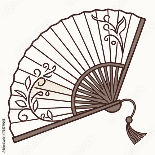 Elegant brown folding fan with delicate floral vine pattern and tassel on a light background