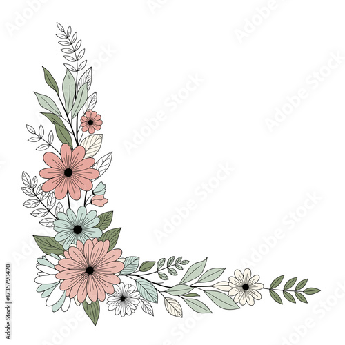 A delightful arrangement of delicate pastel flowers and green leaves forms a decorative corner element, perfect for invitations and stationery.