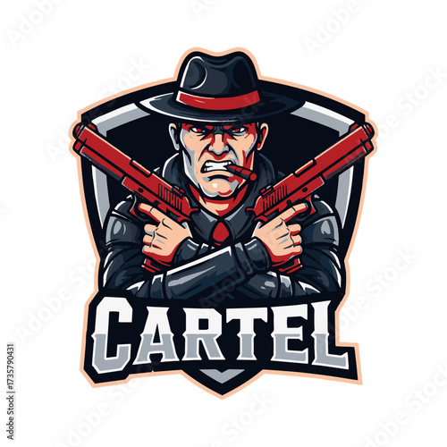 Dynamic gangster character with a fedora and cigar, fiercely holding red pistols, creating an intense and powerful eSports or gaming logo for bold, dominant branding.