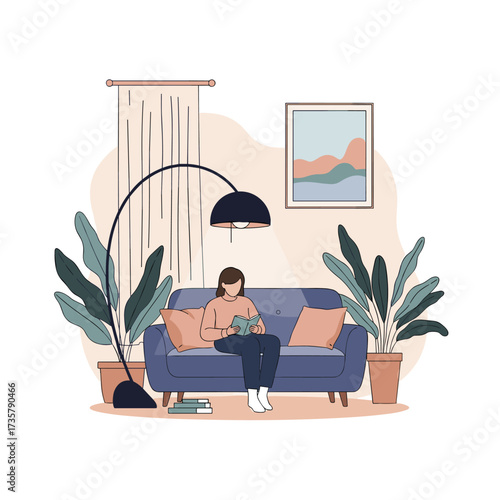 Woman reading a book on a cozy sofa surrounded by plants in a modern living room.