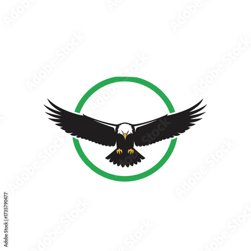 An eagle in flight within a green circle symbolizing freedom and nature.